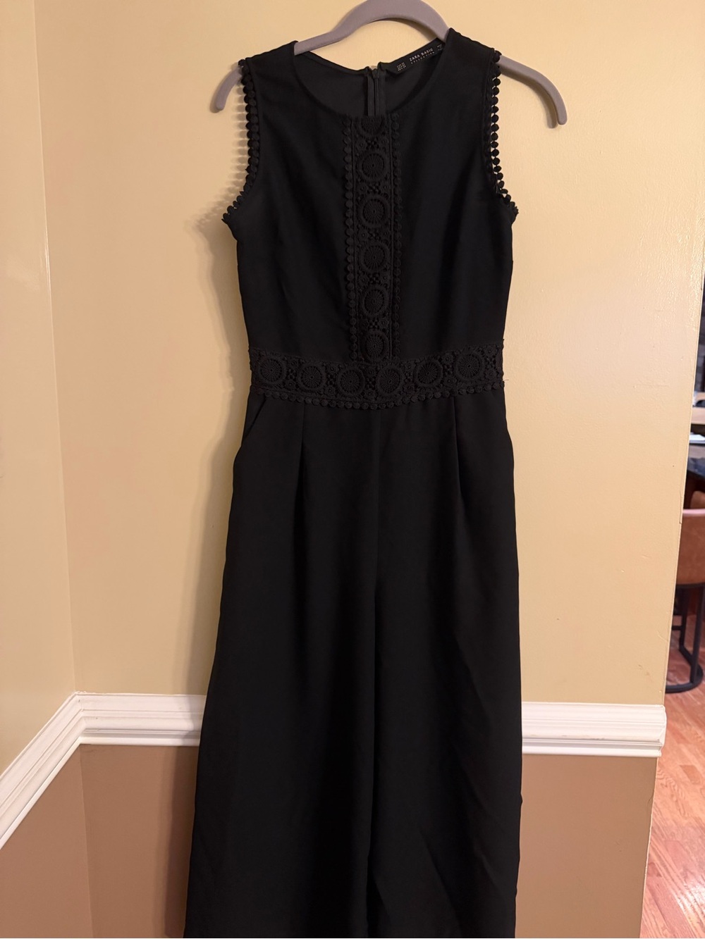 Zara Basic Black Crochet Lace Wide Leg Jumpsuit Sleeveless Pom Pom Trim XS - Picture 2 of 5